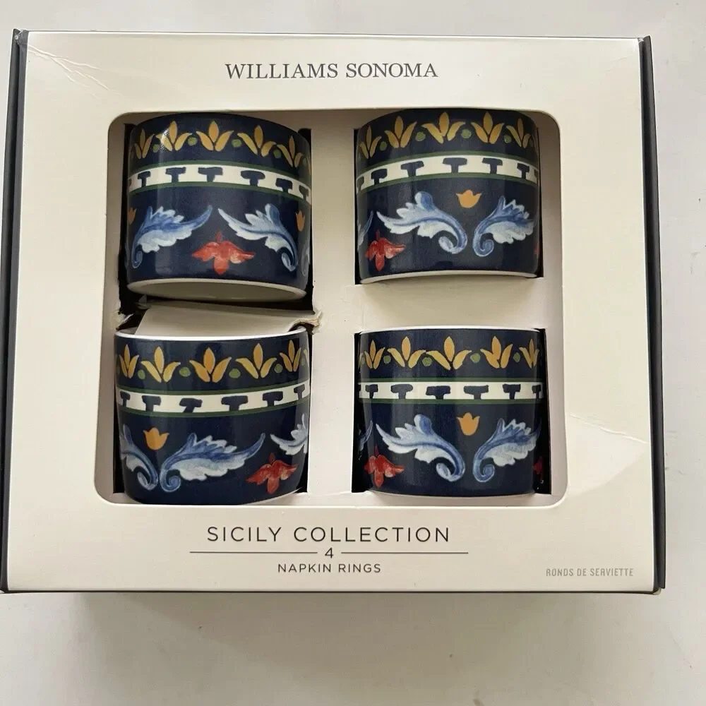 Williams Sonoma Sicily Napkin Rings Set of 4 Blue Ceramic New Box